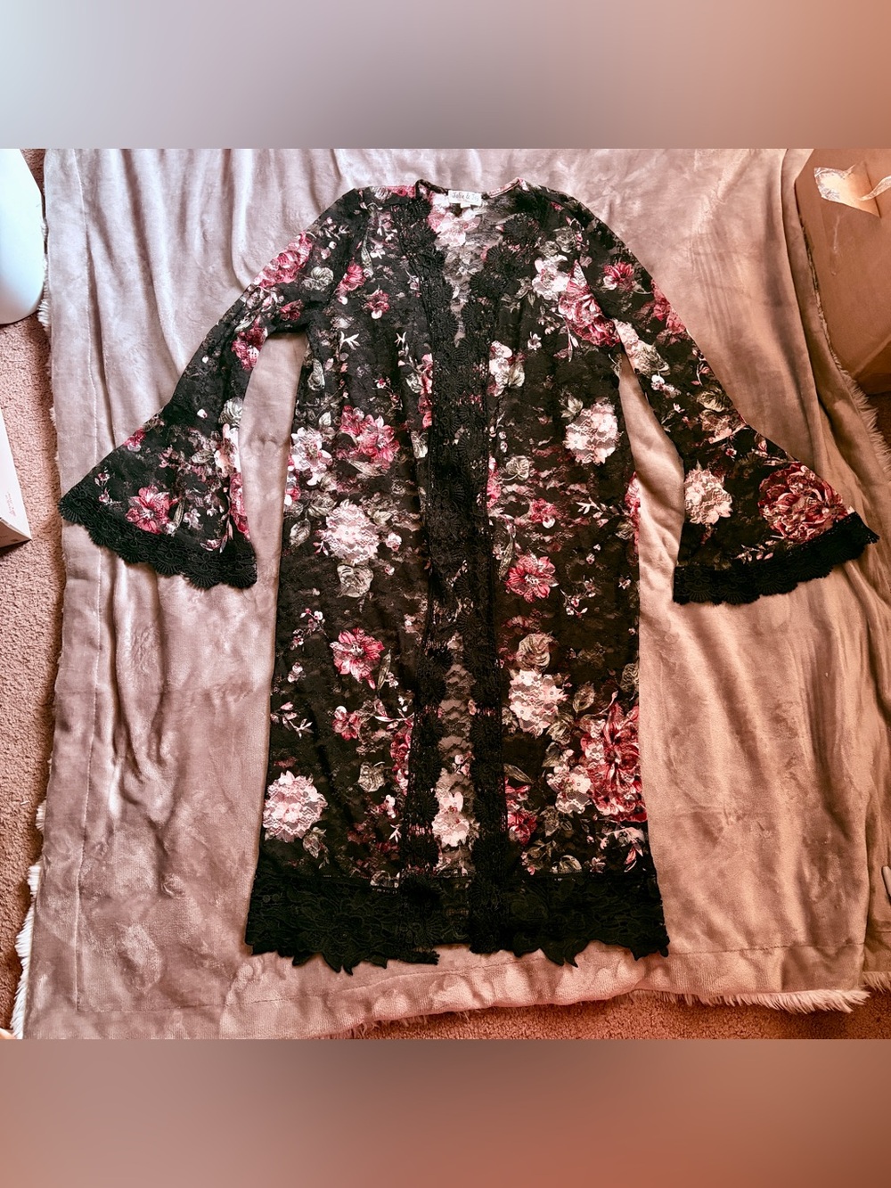 Black Pink Floral Sheer Lace Duster Maxi Cardigan Bell Sleeve M